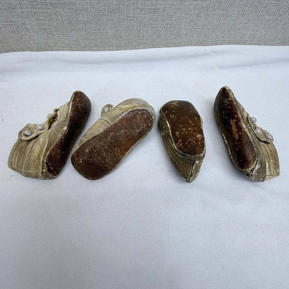 Antique Victorian Leather Baby Shoes Lot 2 Pairs Primitive Button Booties Cream
